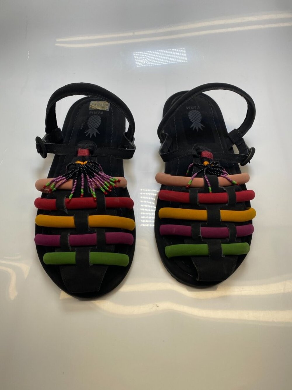 Farm Rio Womens Black Beaded Rainbow Tube Sandals Sz 10